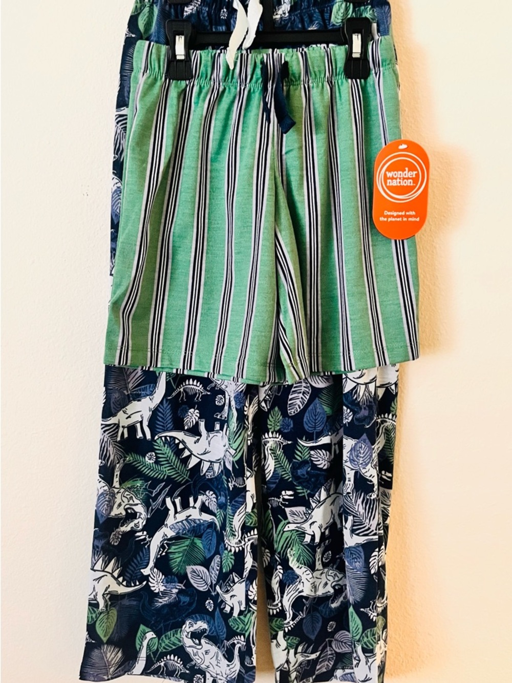 wonder nation Boys' Green Striped Shorts & Navy Dinosaur Pajama Pants 2 Set Sz M